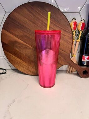 Starbucks Hot Pink Ribbed Tumbler with Yellow Straw